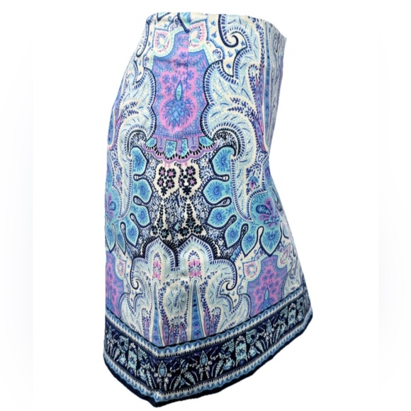 Talbots Petites 4P Paisley Print Pencil Skirt Blue Pink Lined Cotton Stretch - Picture 2 of 9